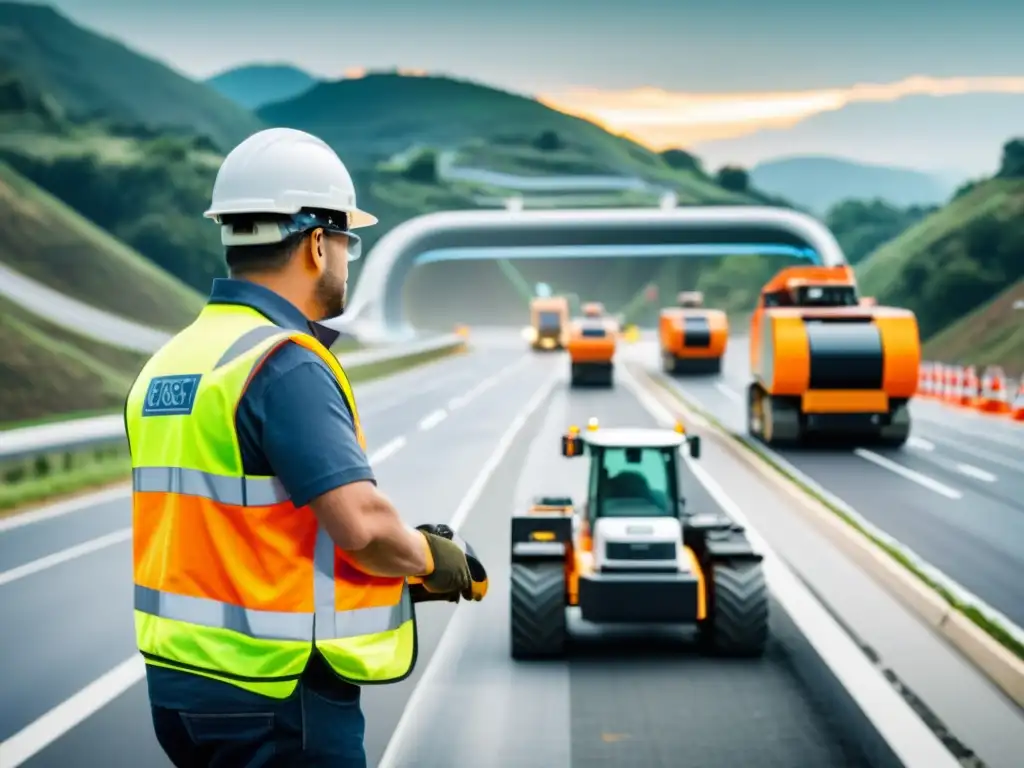 Trabajadores de construcción vial instalan infraestructura 5G en una autopista ocupada