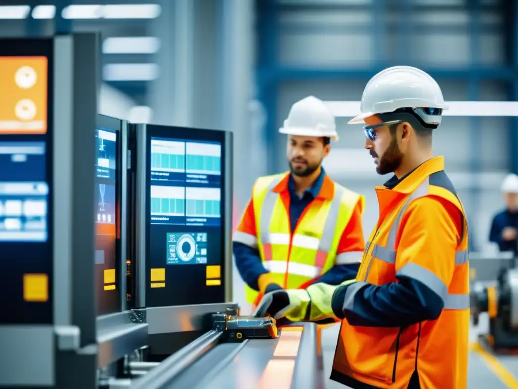 Trabajadores industriales operando maquinaria de alta tecnología bajo la conexión IoT