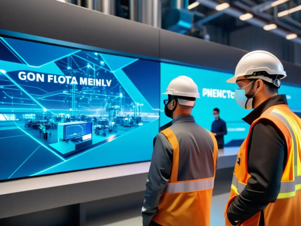 Trabajadores industriales operando maquinaria IoT en una fábrica futurista