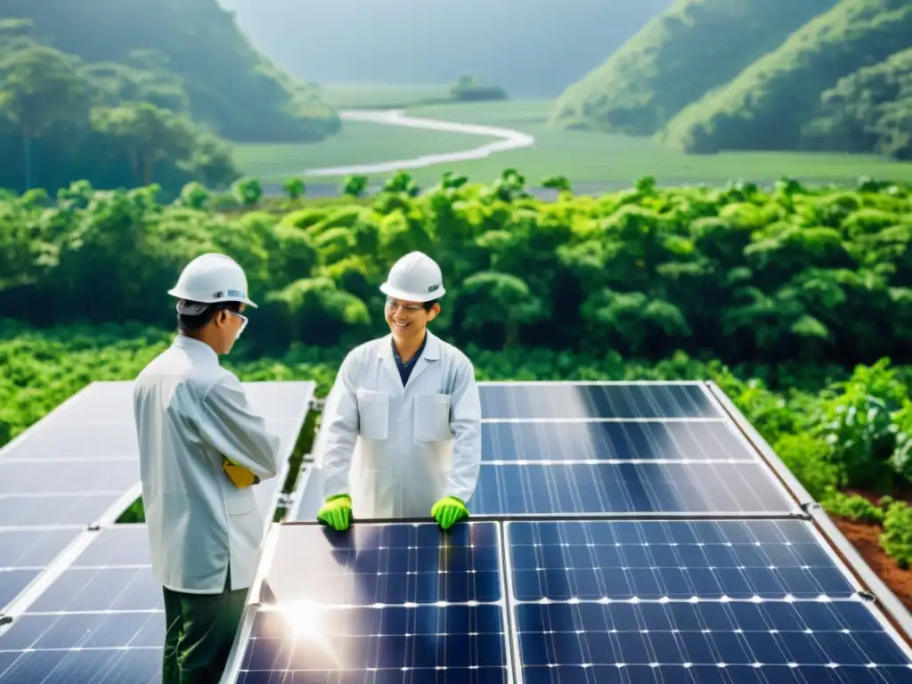 Trabajadores inspeccionan paneles solares en una planta rodeada de vegetación, capturando la tecnología solar y la contaminación invisible