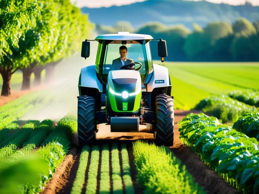 Un tractor autónomo de alta tecnología recorre un campo verde exuberante, integrando sistemas autónomos en la agricultura