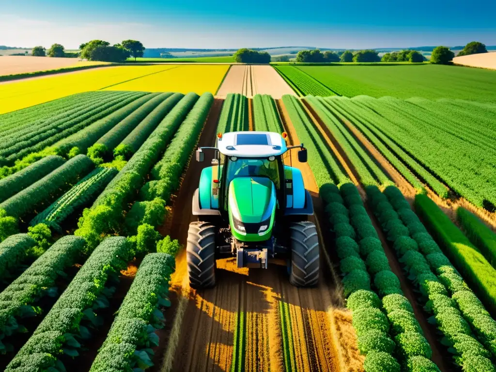 Un tractor autónomo de aspecto futurista recorre un campo soleado y verde, mostrando su tecnología avanzada y eficiencia