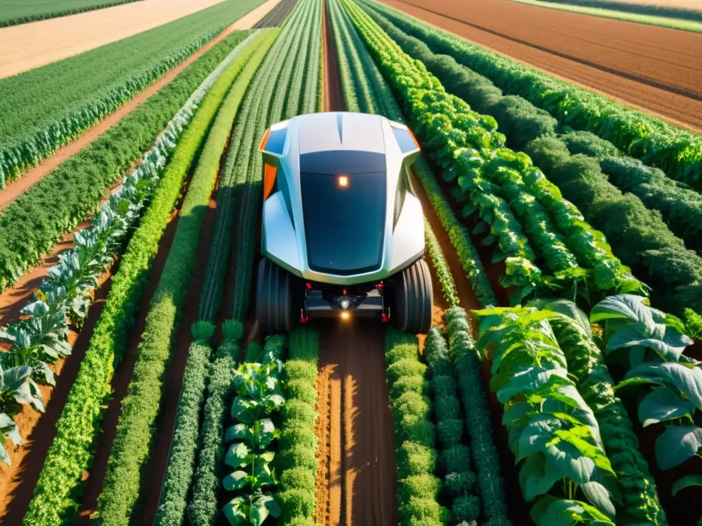 Un tractor autónomo futurista recorre un campo exuberante y soleado