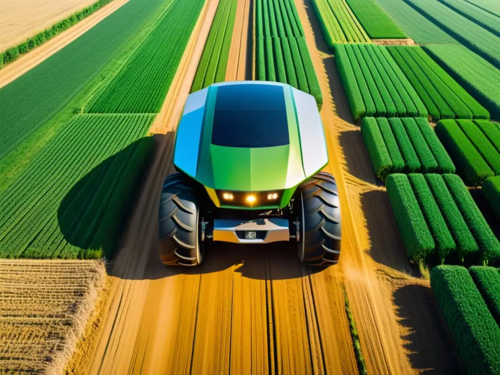 Un tractor autónomo de diseño futurista recorre un campo verde y soleado, mostrando la integración de tecnología punta en la agricultura