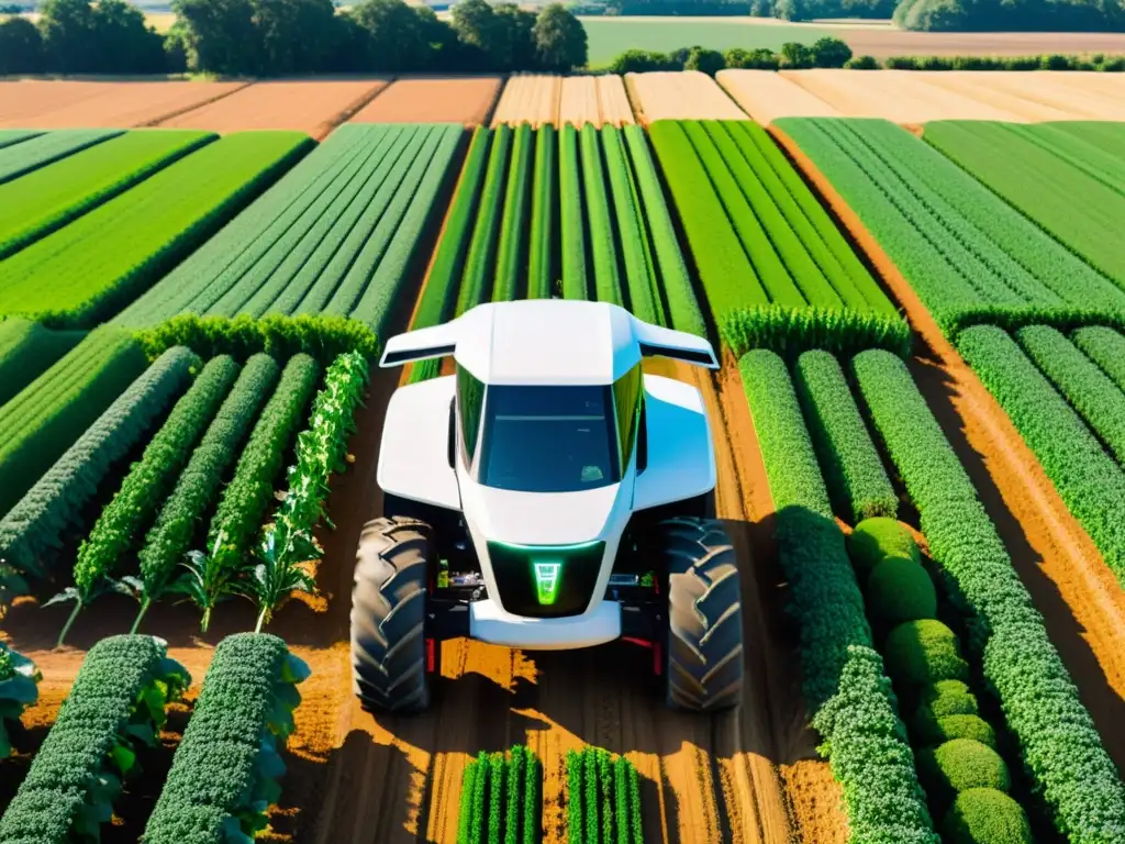 Un tractor autónomo futurista y elegante trabaja sin esfuerzo en un campo exuberante, resaltando la innovación de los tractores autónomos en la agricultura