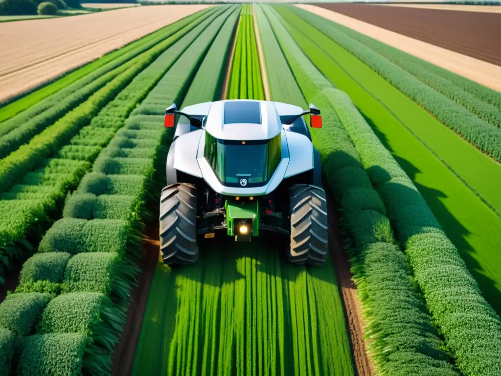 Un tractor autónomo futurista surca con precisión un campo verde exuberante, simbolizando la revolución de los tractores autónomos en la agricultura