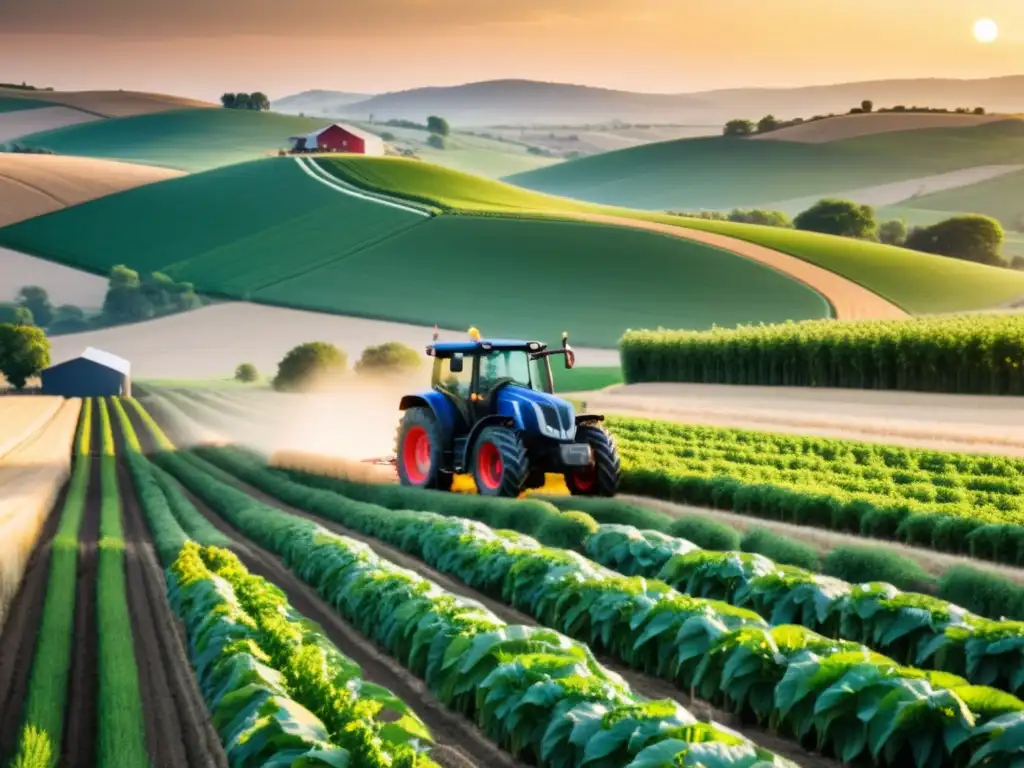 Un tractor moderno implementa IoT en la agricultura rural al atardecer, con campos y sensores inteligentes al fondo
