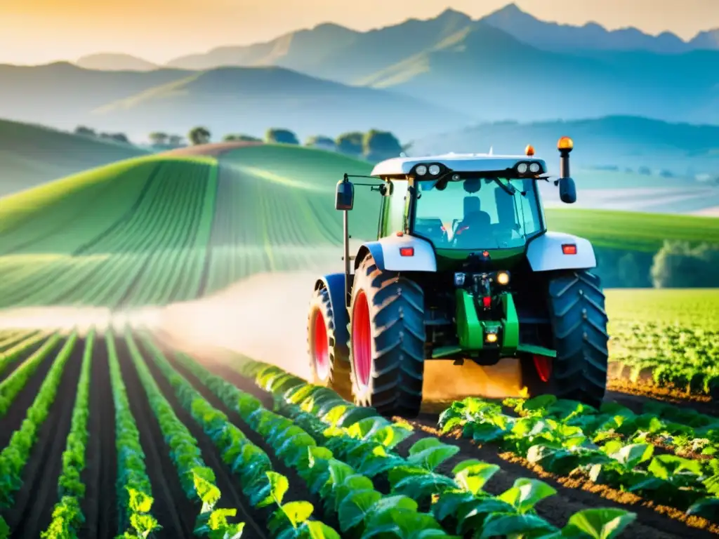 Tractor moderno en campo verde con tecnología de agricultura inteligente, sensores y suelos