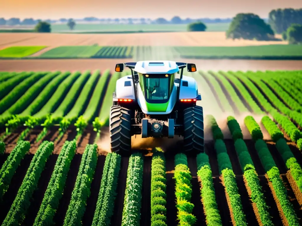 Un tractor robótico moderno ara un campo vasto y soleado, con precisión y eficiencia