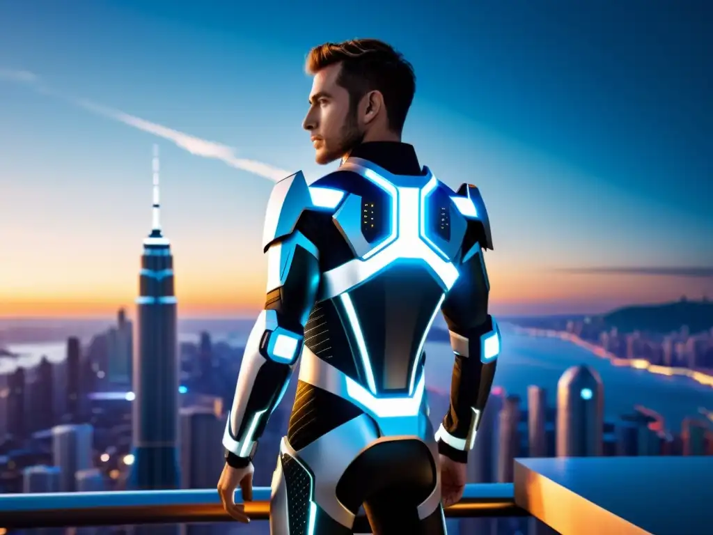 Un traje de exoesqueleto moderno en contraste con una ciudad futurista, fusionando tecnología emergente con diseño innovador