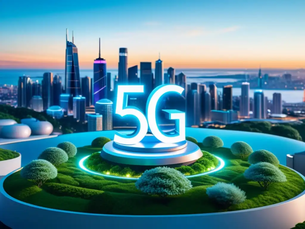 Un transmisor 5G emitiendo luz azul suave sobre una ciudad futurista