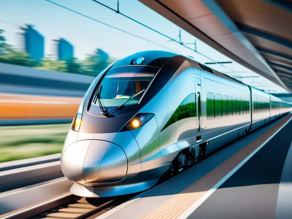 Un tren de alta velocidad futurista avanza sobre la vía, con la infraestructura 5G de fondo