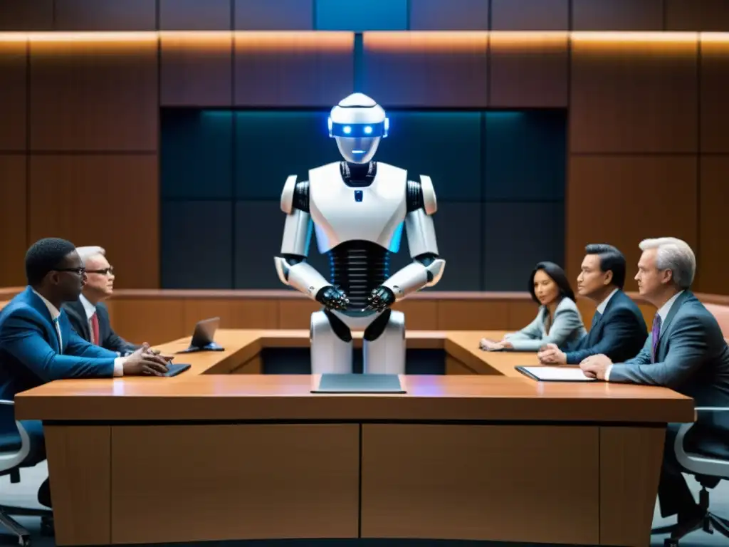 En un tribunal futurista, un juez robot preside un caso con imparcialidad algorítmica, rodeado de personas diversas