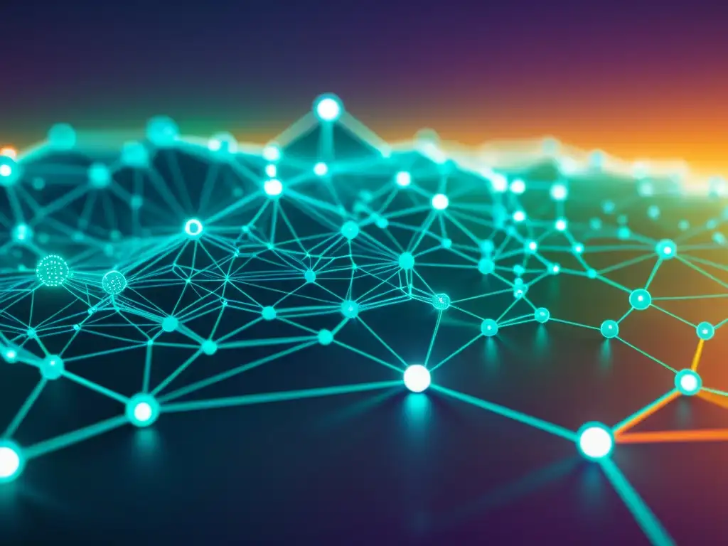 Visualización de blockchain futurista y sofisticada Visualización ultradetallada de una red blockchain futurista, con nodos interconectados y vías de datos brillantes