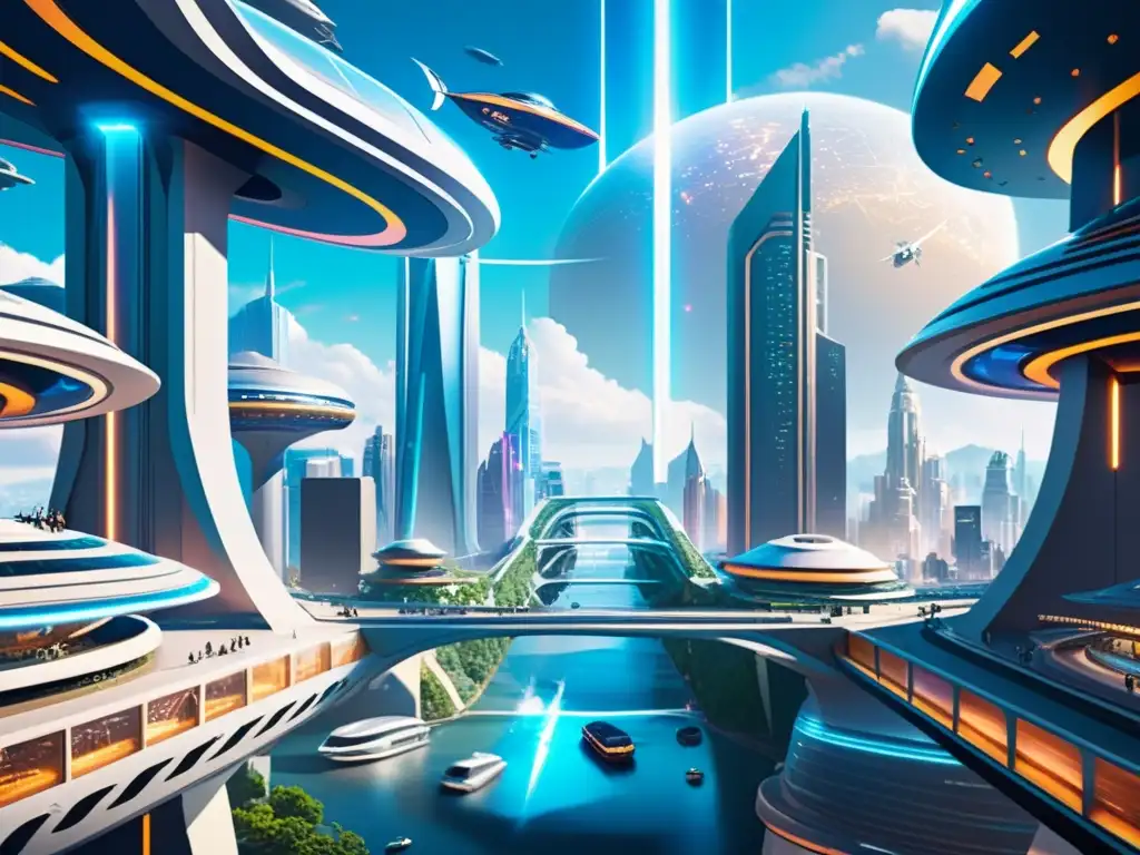 Metrópolis futurista: dimensiones entrelazadas y realidad virtual Explorando universos alternativos en VR: Ciudad futurista con puentes luminosos, vehículos voladores y portales de luz en el cielo