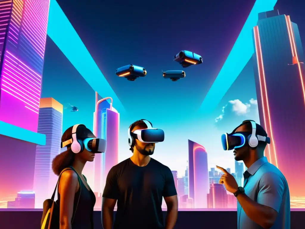 Exploración inmersiva en VR: Ciudad futurista Explorando universos alternativos en VR: Grupo inmerso en un mundo virtual futurista con rascacielos, letreros de neón y vehículos voladores