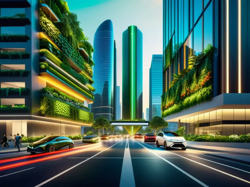 Intersección urbana futurista: 5G, autos autónomos y arquitectura verde Intersección urbana futurista con tecnología 5G y arquitectura moderna, integrando naturaleza y tecnología