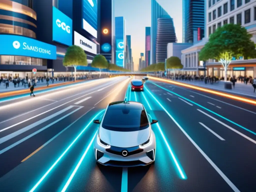 Intersección urbana futurista con coches autónomos y peatones usando cruces inteligentes con tecnología 5G para seguridad vial