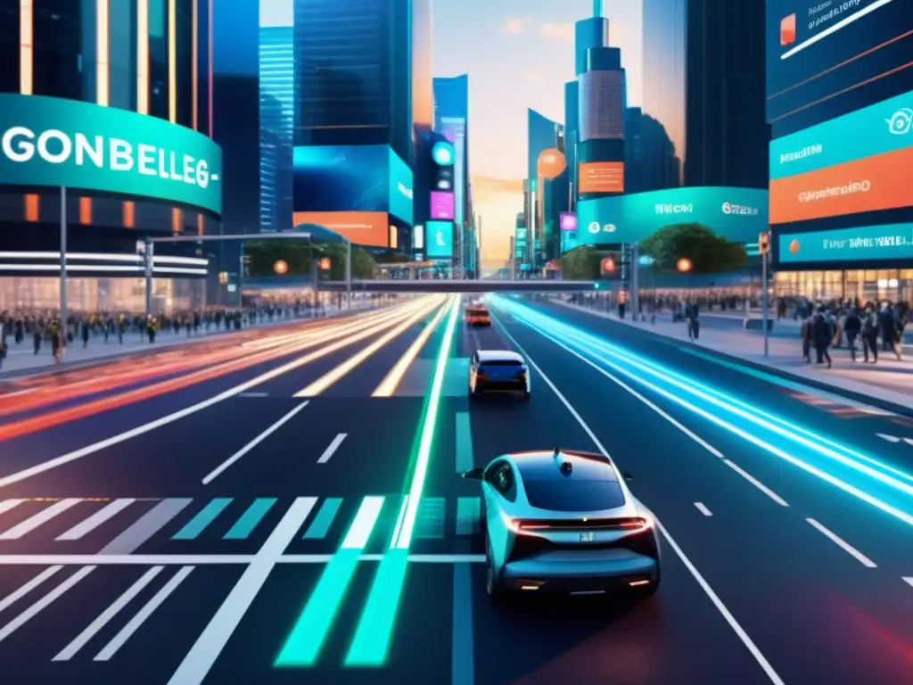 Intersección urbana futurista con desafíos del 5G en tráfico de datos: autos autónomos, semáforos 5G y AR, rodeados de redes de datos