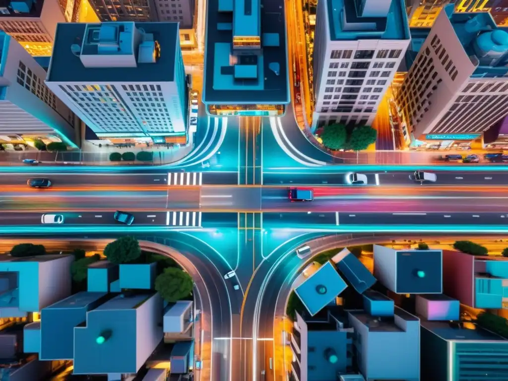 Intersección urbana con luces de colores, edificios altos y tecnología 5G reduciendo atascos de tráfico