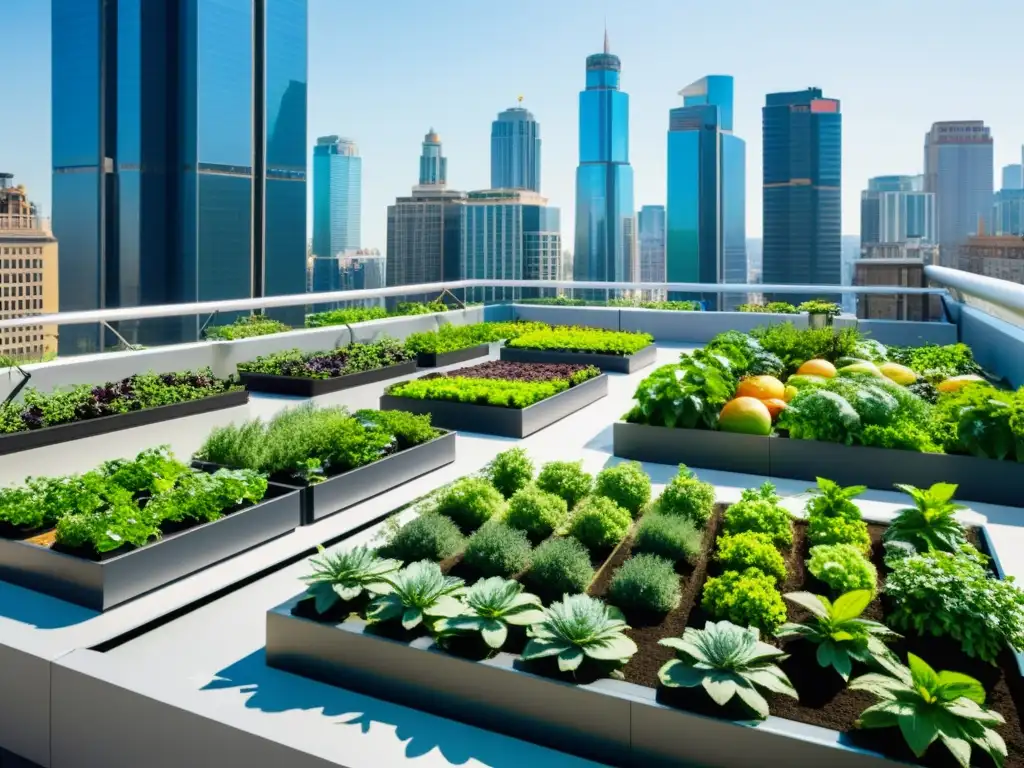 Un jardín urbano inteligente IoT en la azotea de una metrópolis, con frutas, verduras y hierbas vibrantes