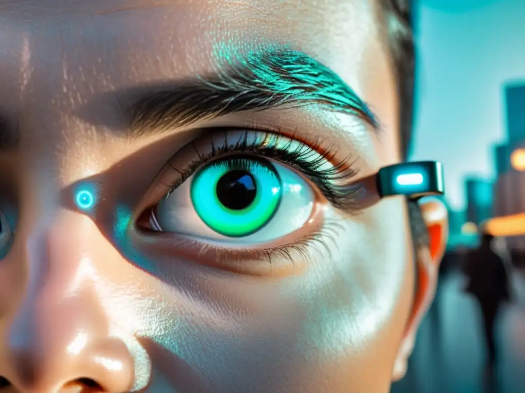 Un usuario con lentes de contacto inteligentes disfruta de la realidad aumentada en una ciudad futurista