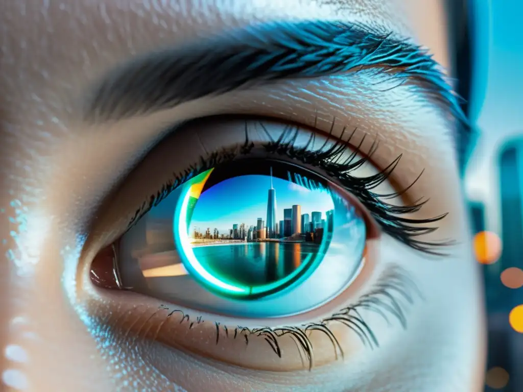 Un usuario usa lentes de contacto inteligentes con realidad aumentada, mostrando una ciudad futurista reflejada en ellos