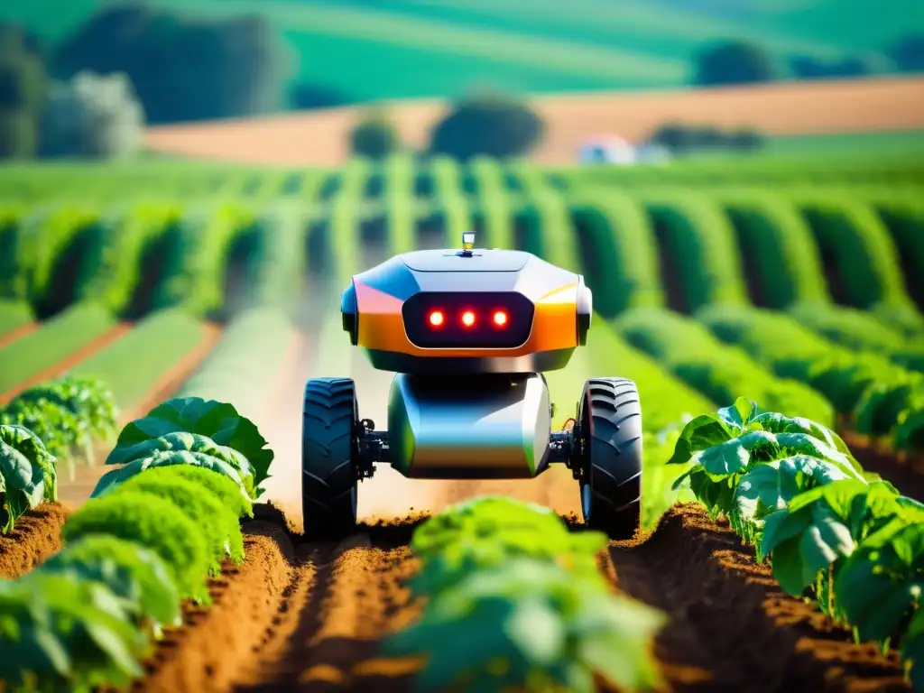 Un robot agrícola de vanguardia navegando por campos verdes, con científicos y agricultores trabajando juntos