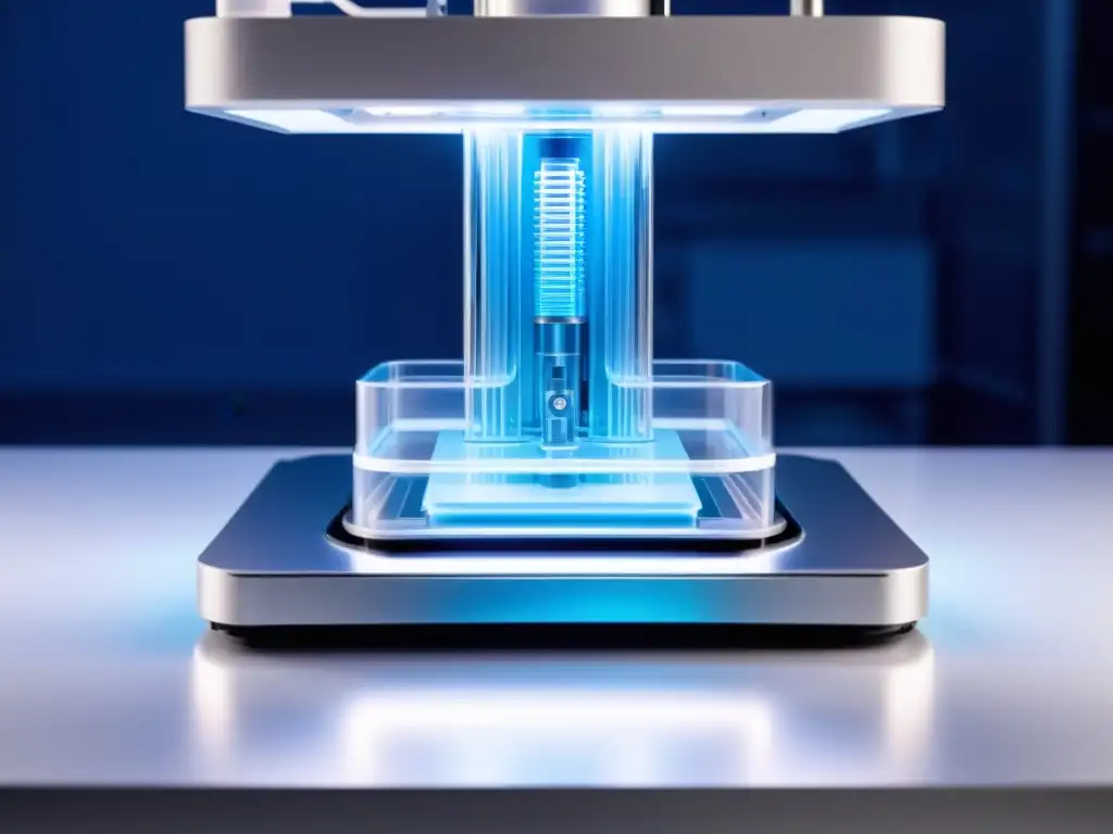 Bioprinter de vanguardia creando órgano artificial con biotecnología emergente en laboratorio futurista iluminado por LED azul