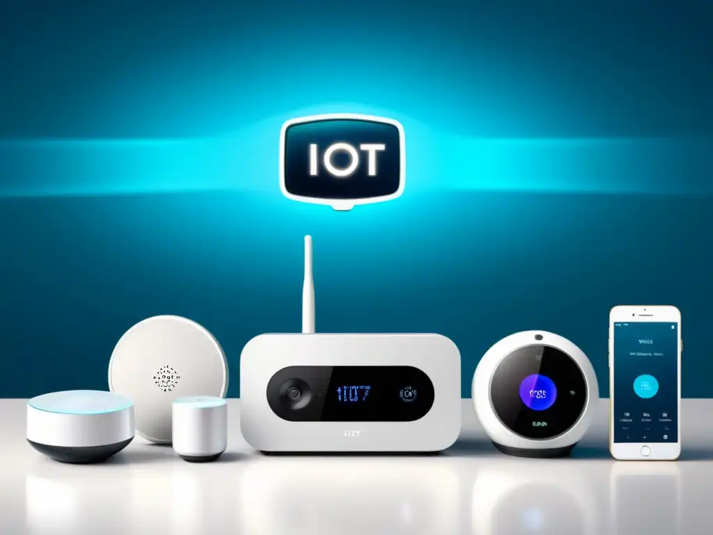 Una variedad de dispositivos IoT interconectados en un hogar inteligente, transmitiendo sofisticación y desafíos seguridad dispositivos IoT