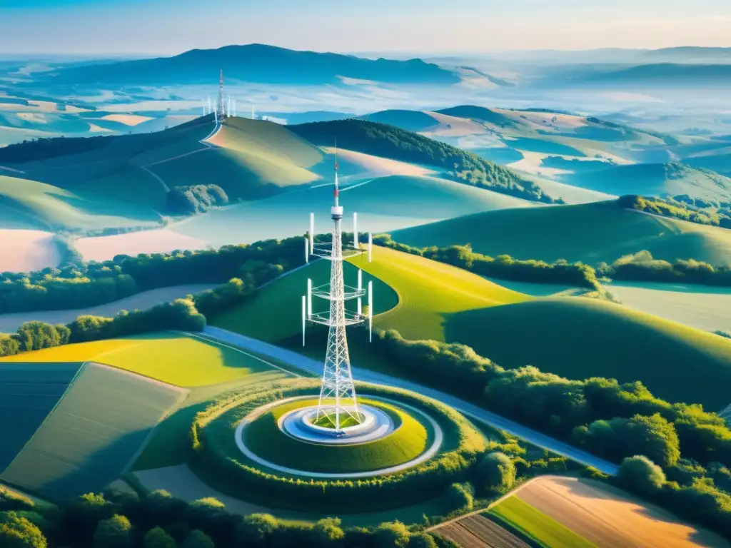 Vasta campiña con torre 5G futurista, simbolizando la importancia del 5G en conectividad rural