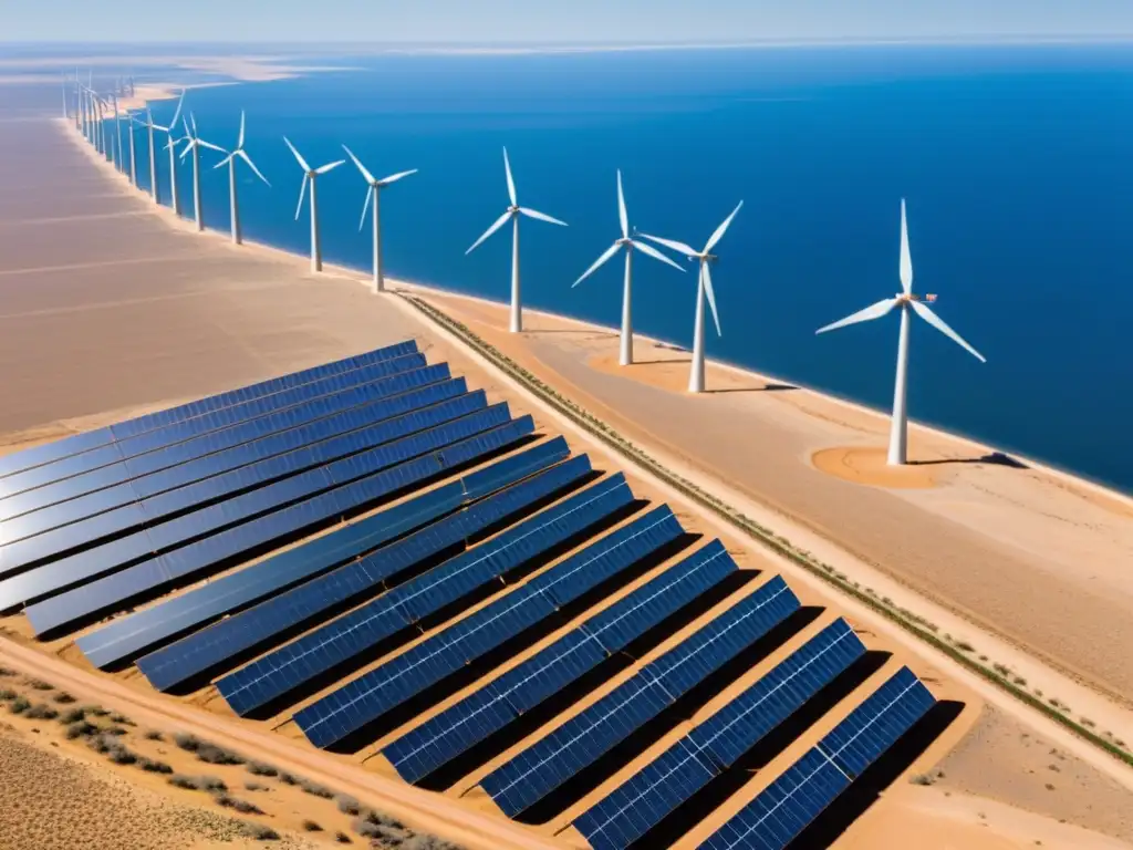 Un vasto paisaje desértico bañado por el sol, con filas de relucientes paneles solares y molinos de viento