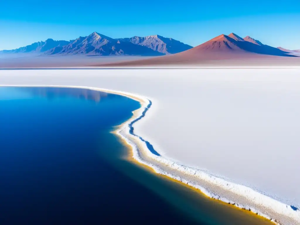 Vasto salar con lago azul, montañas nevadas y cielo azul