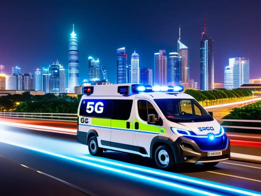 Vehículo de asistencia de emergencia 5G en ciudad futurista de noche, con diseño moderno y luces dinámicas