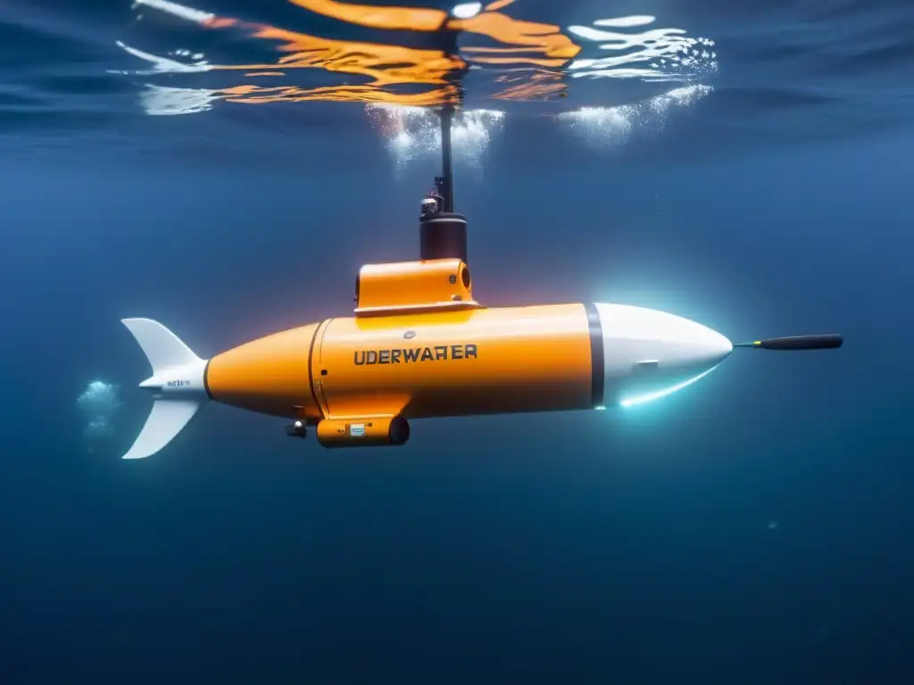 Un vehículo autónomo submarino futurista con tecnología avanzada y sensores, explorando las profundidades del océano con luces LED brillantes