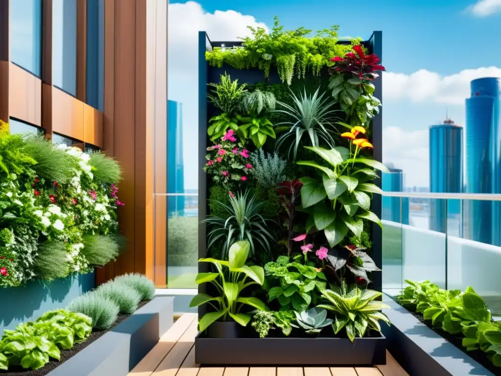 Un jardín vertical exuberante y vibrante con plantas y flores, en un moderno macetero conectado a IoT