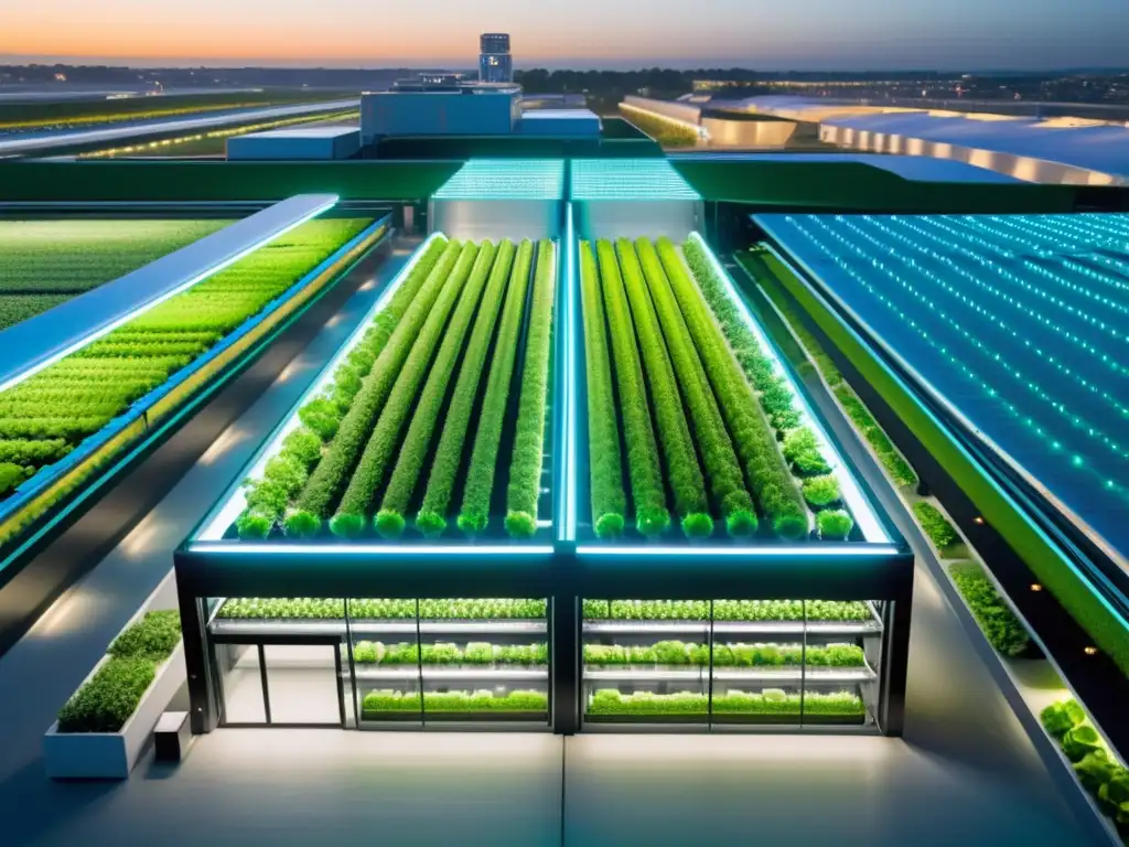 Vertical farm del futuro con tecnología 5G: cultivos verdes iluminados por luces LED, maquinaria avanzada y atmósfera innovadora