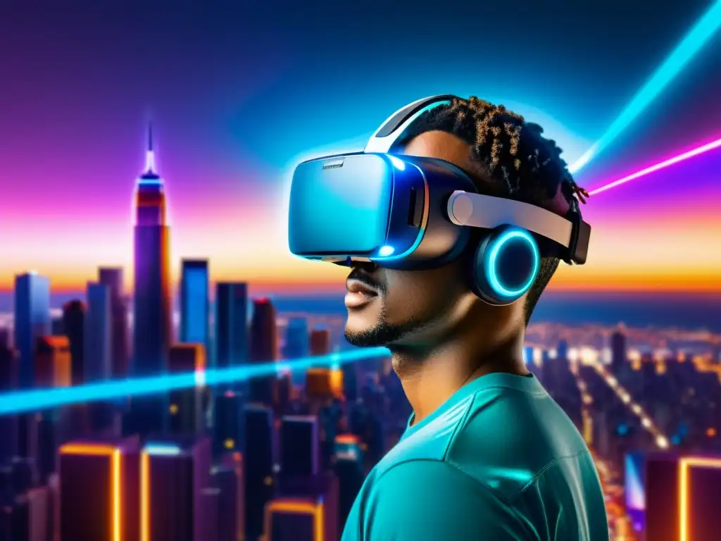 Un viaje virtual a través de un futurista paisaje urbano reflejado en un visor, evocando el turismo virtual: explorando nuevas experiencias