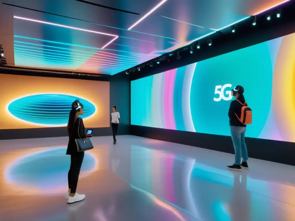 Vibrante galería de arte con tecnología 5G que fusiona innovación y transformación cultural