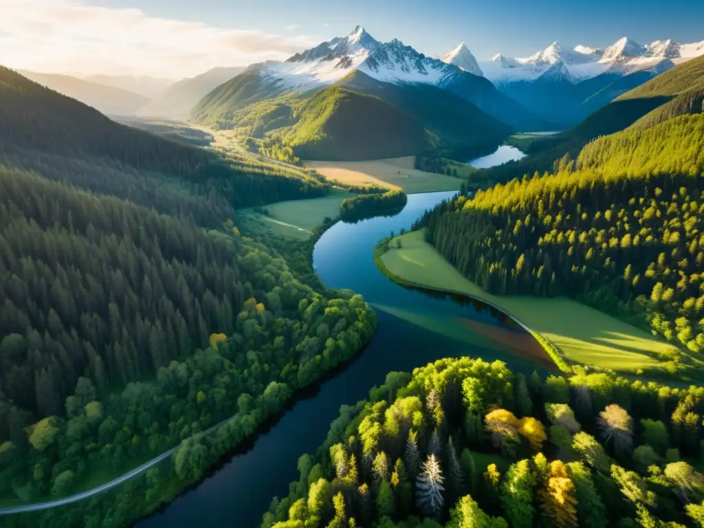 Vibrante bosque entre montañas nevadas y río cristalino, reflejando la luz dorada del sol poniente