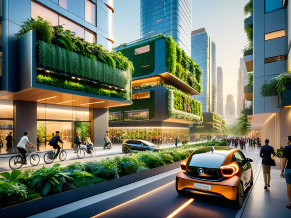 Vibrante calle de ciudad inteligente sostenible con vehículos ecofriendly, edificios verdes y espacios urbanos integrados