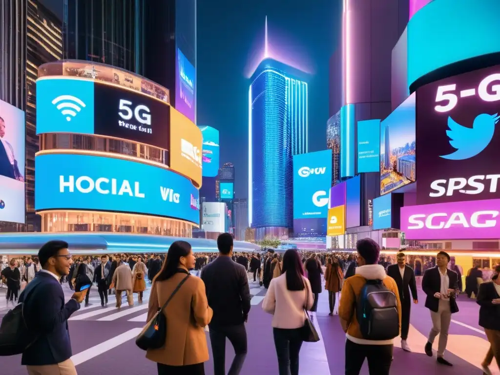 Vibrante calle nocturna de ciudad, con luces de neón y personas interactuando con hologramas, ilustrando el impacto del 5G en redes sociales