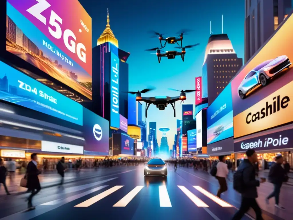 Vibrante calle nocturna de ciudad con anuncios holográficos futuristas iluminando el cielo y drones de entrega de alta velocidad 5G