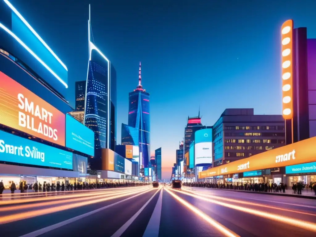 Metrópolis futurista: neón y conectividad en la ciudad inteligente Vibrante calle nocturna en una ciudad inteligente, con tecnología IoT y protección de datos personales en Smart City