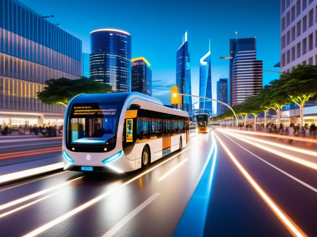 Vibrante calle nocturna con futuristas buses eléctricos, integrados en red 5G