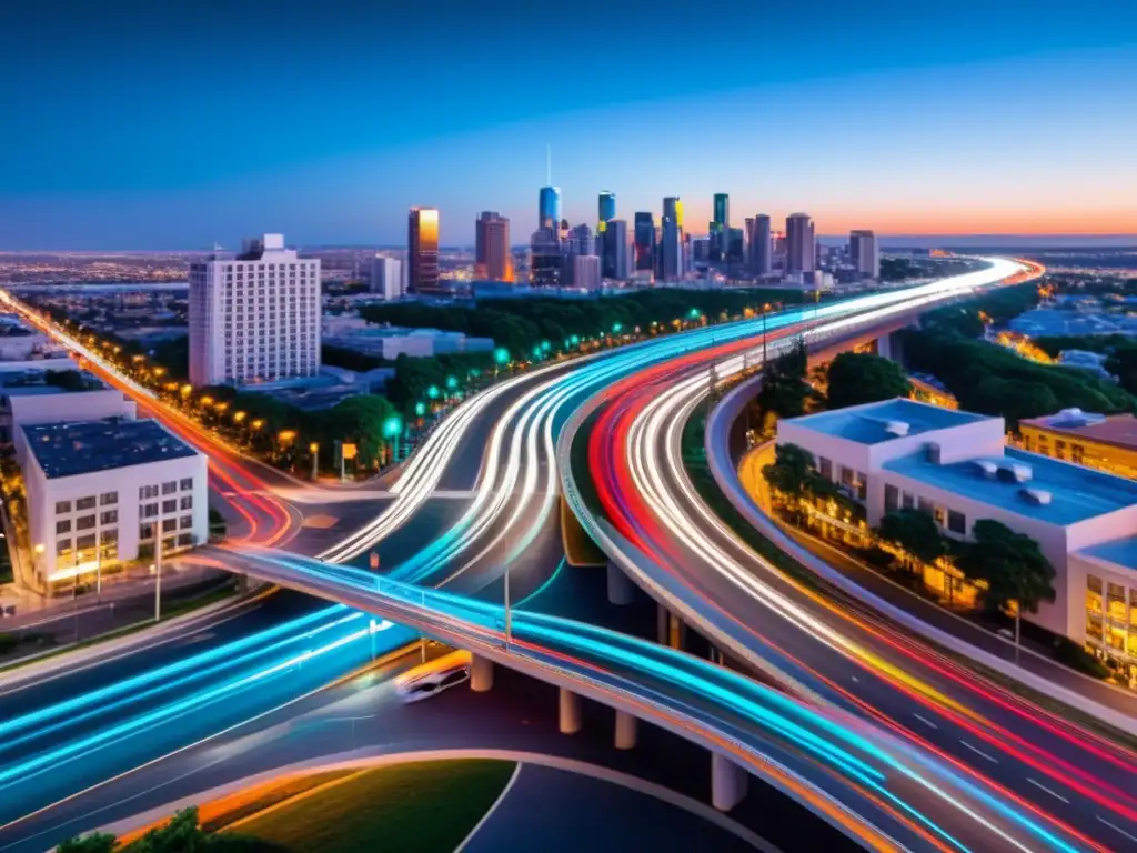 Vibrante intersección citadina de noche, iluminada por luces de neón y autos