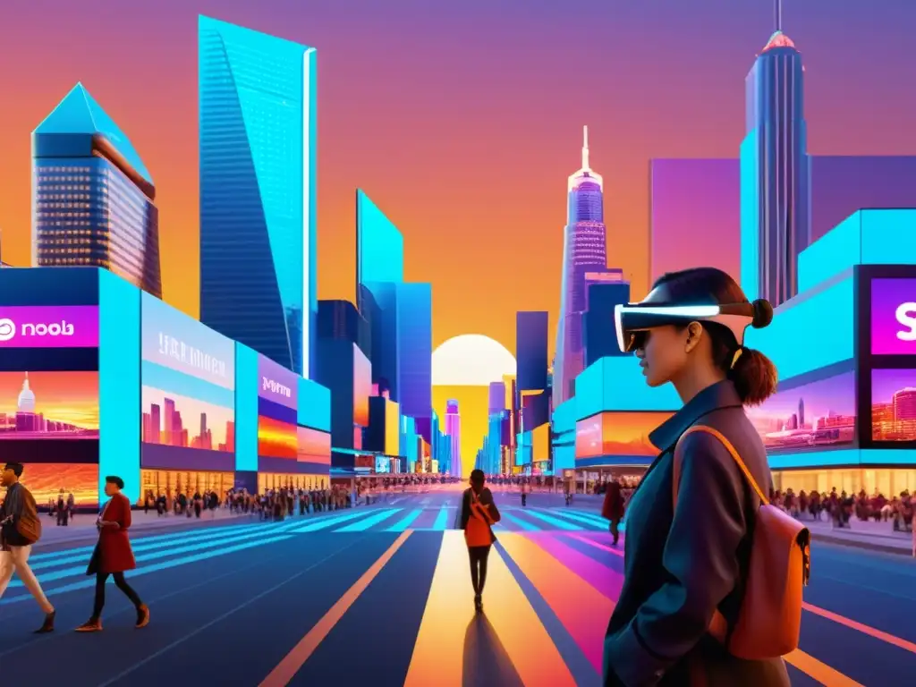 Vibrante ciudad futurista con aplicaciones de realidad aumentada urbanas, reflejando innovación tecnológica en el entorno urbano al atardecer