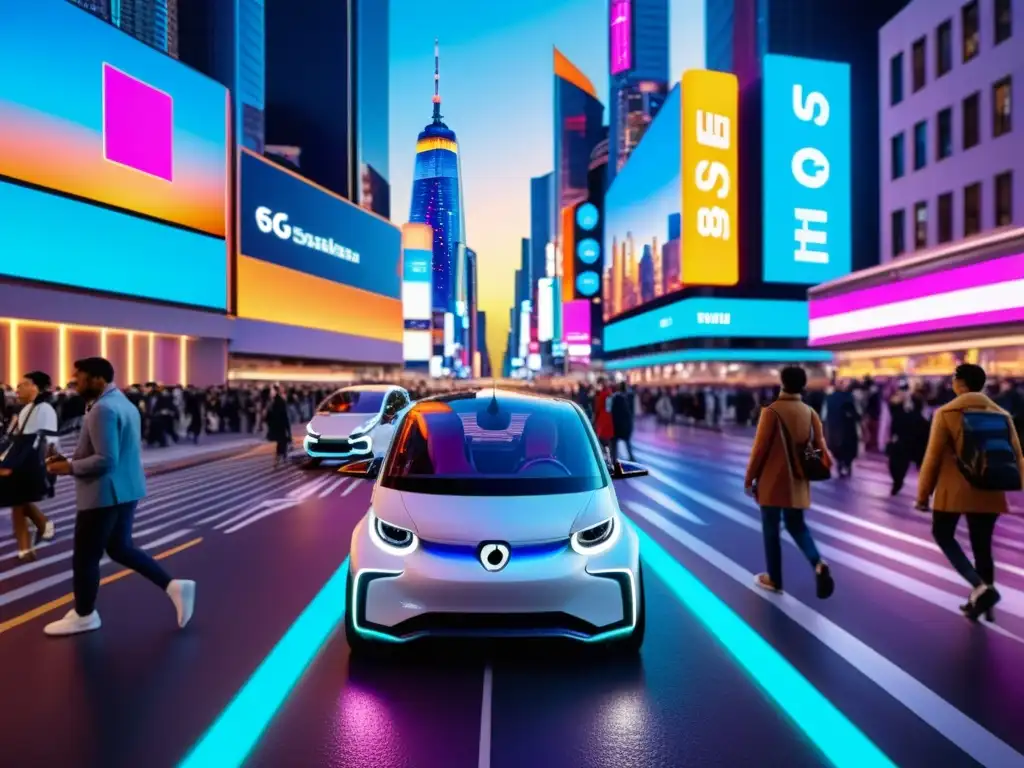 Vibrante ciudad futurista con tecnología 5G integrada en la vida cotidiana, mostrando vehículos y dispositivos AR avanzados