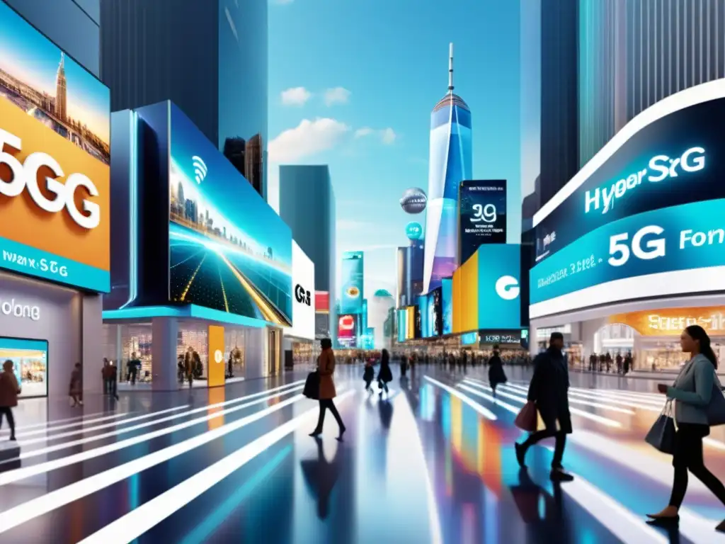 Vibrante ciudad futurista con hologramas y retail 5G, mostrando el impacto del 5G en comercio minorista