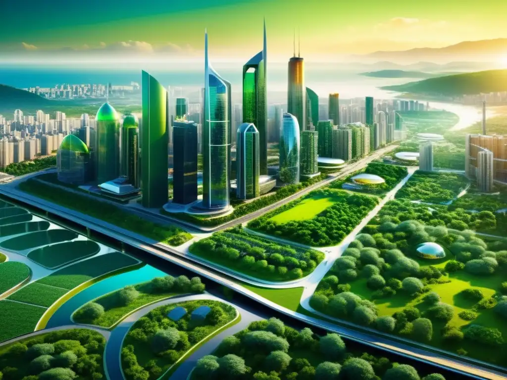 Vibrante ciudad futurista con infraestructura ecoamigable, integración tecnológica, y armonía entre modernidad y sostenibilidad